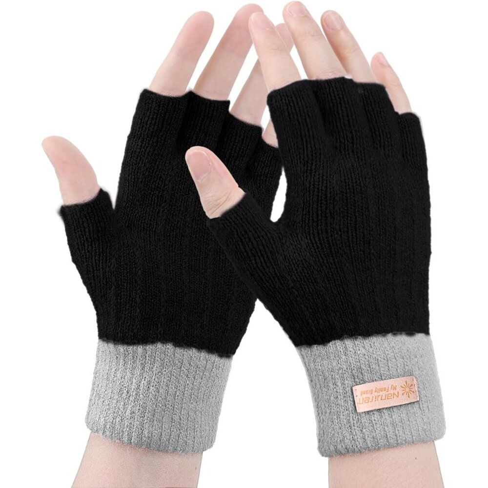 Women's Black Gray Half Fingers Fingerless Cozy Lining Knitted Mittens Gloves